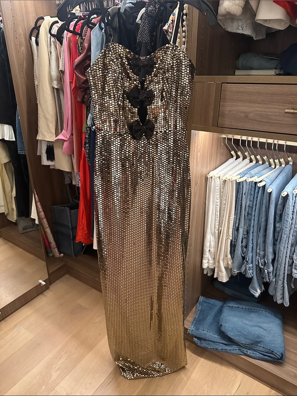 Gold Sequin Strapless Maxi Dress with Bow Accents size 2 prom